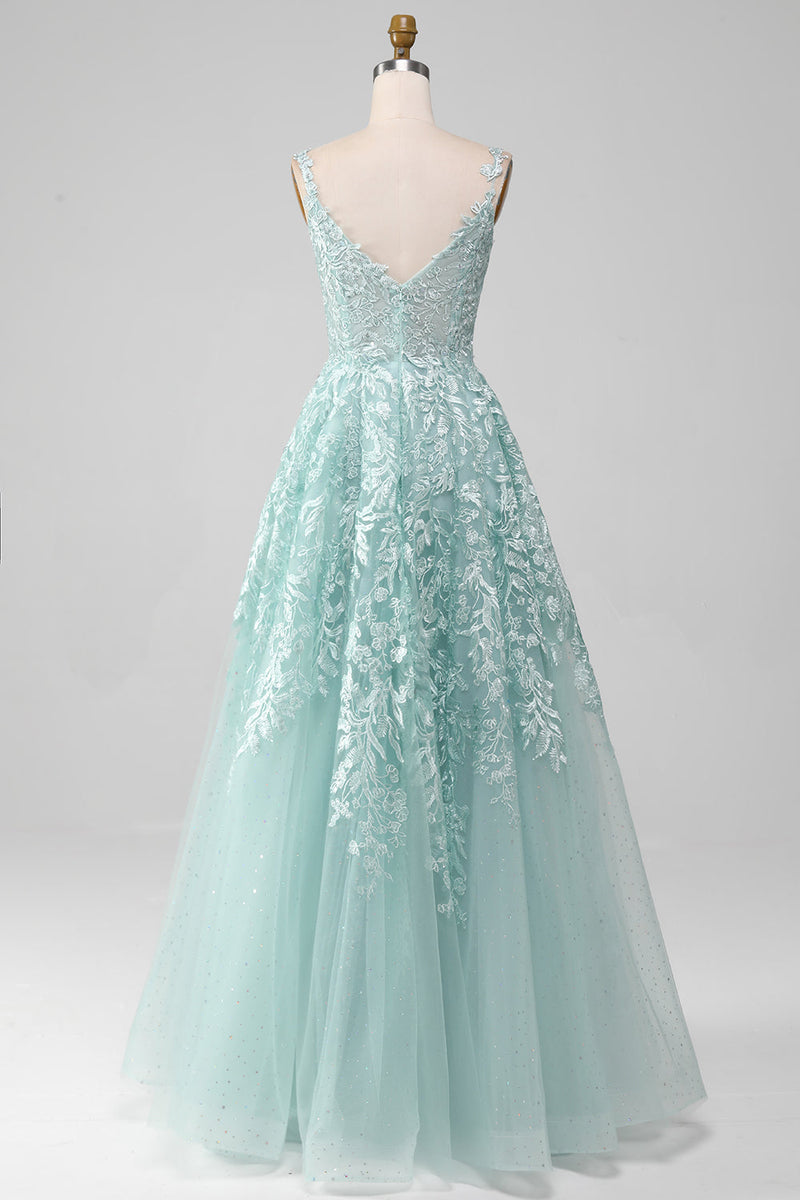 Load image into Gallery viewer, Glitter Mint A-Line Tulle Long Formal Dress with Lace