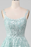 Glitter Mint A-Line Tulle Long Formal Dress with Lace