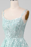 Glitter Mint A-Line Tulle Long Formal Dress with Lace