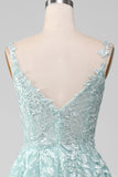 Glitter Mint A-Line Tulle Long Formal Dress with Lace