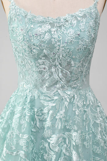 Glitter Mint A-Line Tulle Long Formal Dress with Lace