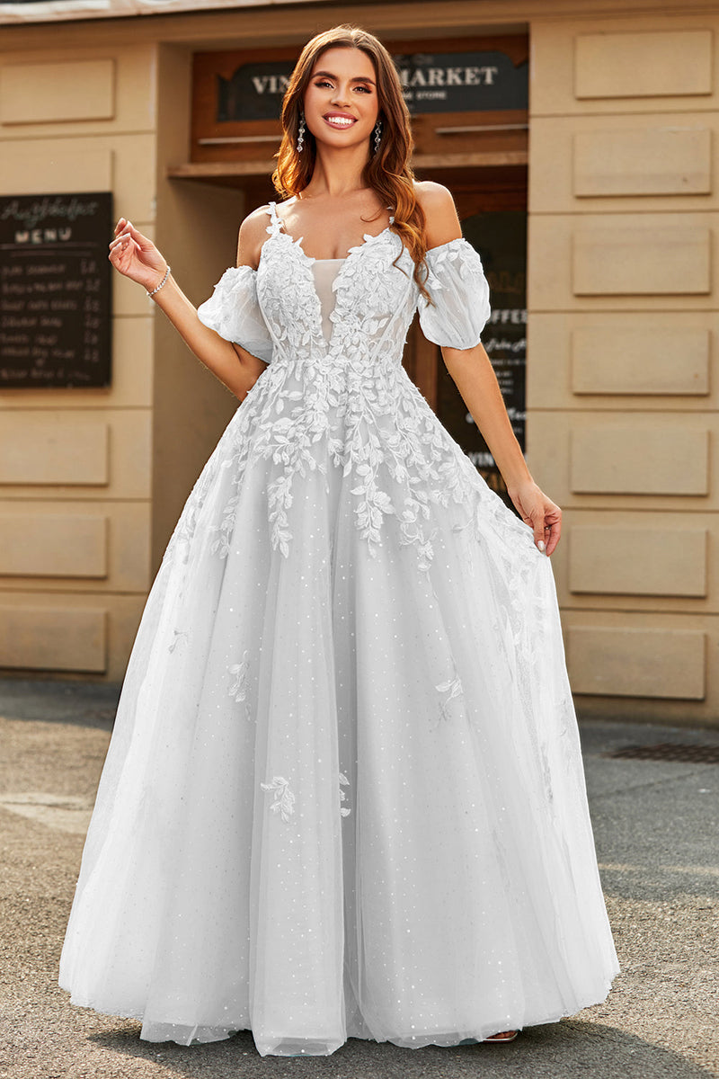 Load image into Gallery viewer, White A-Line Puff Sleeves Long Bridal Dress with Appliques