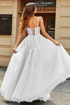 White A-Line Puff Sleeves Long Bridal Dress with Appliques