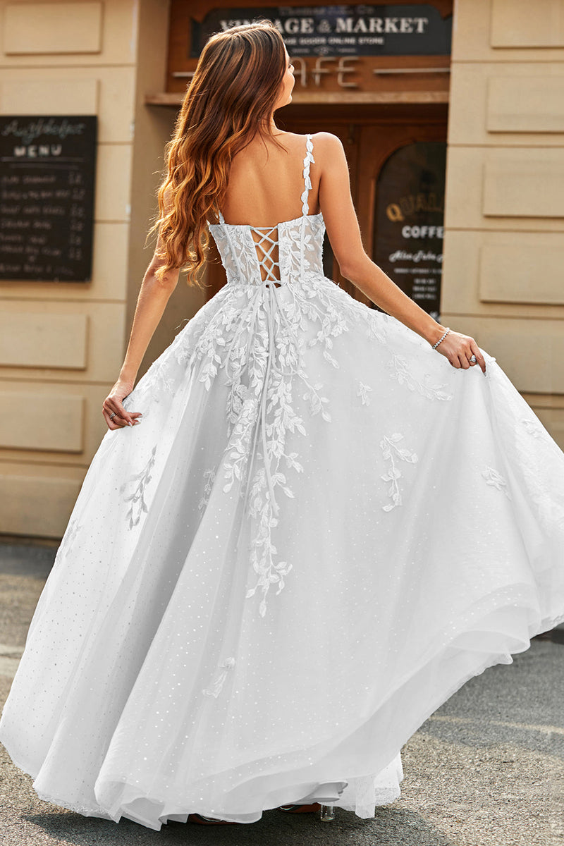 Load image into Gallery viewer, White A-Line Puff Sleeves Long Bridal Dress with Appliques