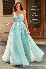 Mint Ball-Gown Detachable Sleeves Beaded Formal Dresses With Appliques