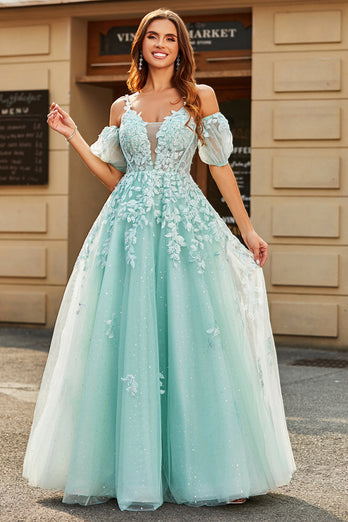 Mint Ball-Gown Detachable Sleeves Beaded Formal Dresses With Appliques