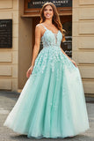 Mint Ball-Gown Detachable Sleeves Beaded Formal Dresses With Appliques