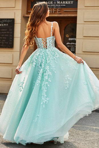 Mint Ball-Gown Detachable Sleeves Beaded Formal Dresses With Appliques