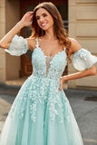 Mint Ball-Gown Detachable Sleeves Beaded Formal Dresses With Appliques