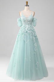 Mint Off The Shoulder Beaded Formal Dresses With Appliques