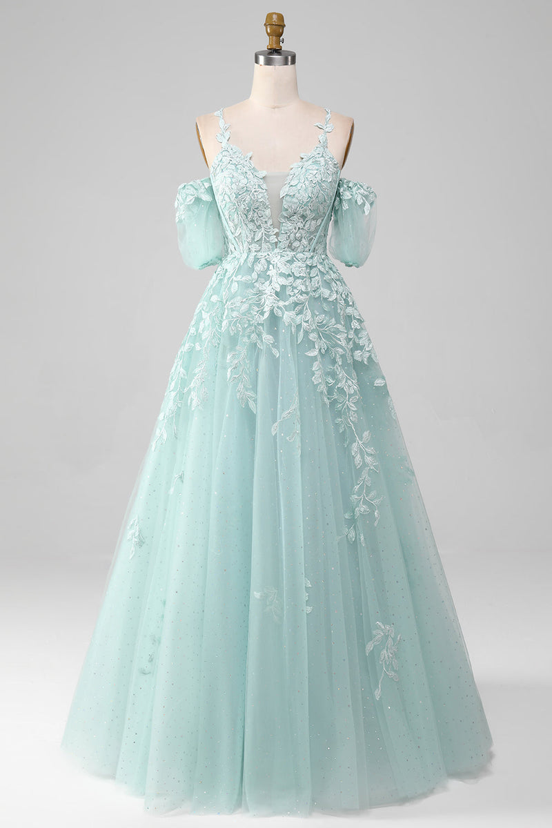 Load image into Gallery viewer, Mint Off The Shoulder Beaded Formal Dresses With Appliques