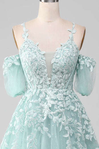 Mint Off The Shoulder Beaded Formal Dresses With Appliques