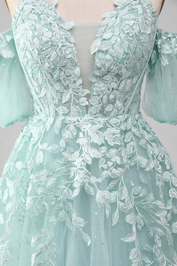 Mint Off The Shoulder Beaded Formal Dresses With Appliques