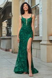 Stylish Mermaid Spaghetti Straps Dark Green Long Formal Dress with Appliques