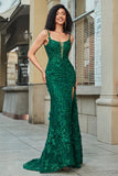 Stylish Mermaid Spaghetti Straps Dark Green Long Formal Dress with Appliques