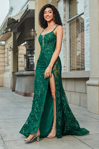 Stylish Mermaid Spaghetti Straps Dark Green Long Formal Dress with Appliques