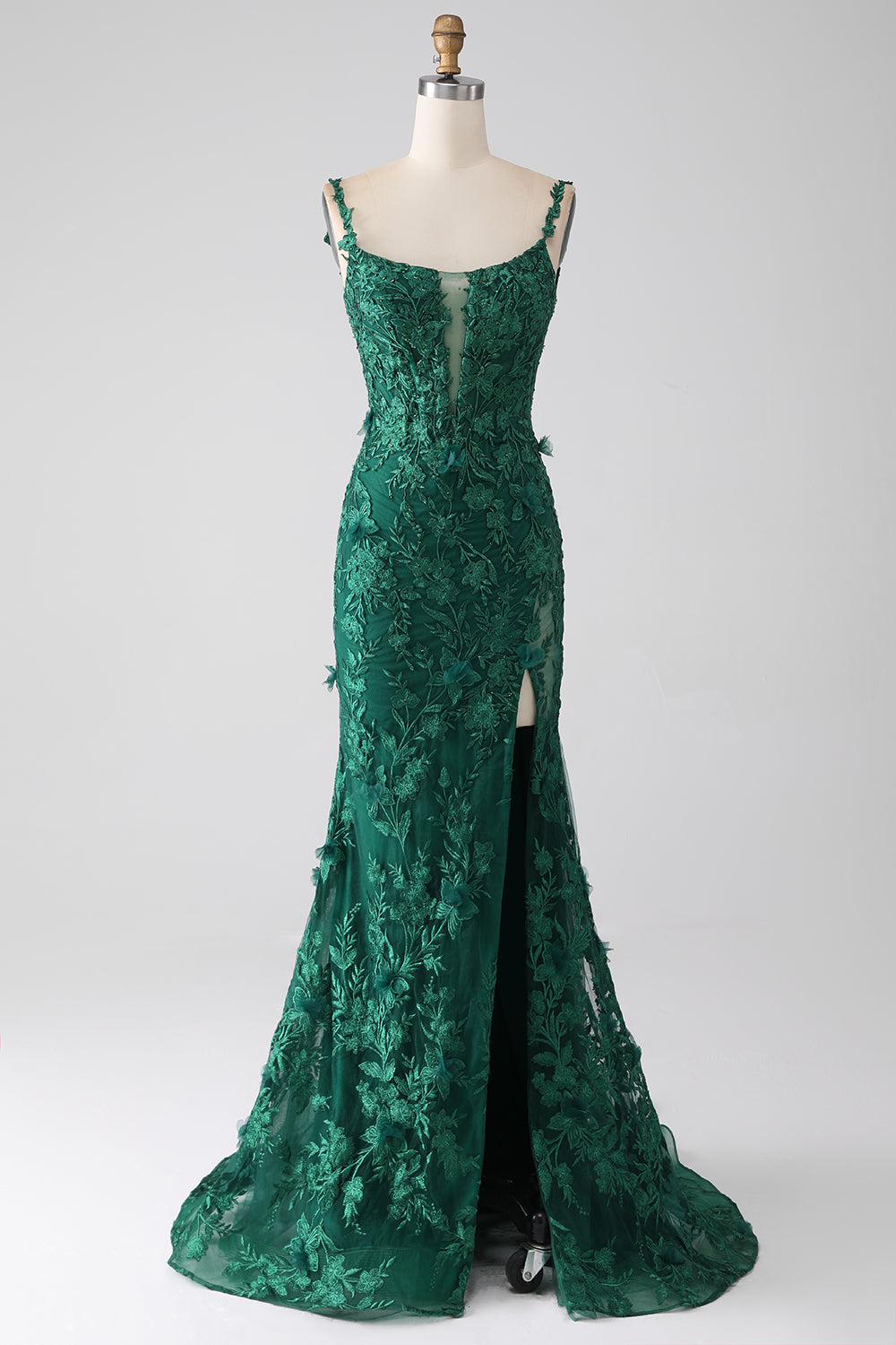 Dark Green Mermaid Spaghetti Straps Long Formal Dress with Appliques