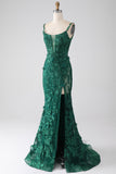 Dark Green Mermaid Spaghetti Straps Long Formal Dress with Appliques