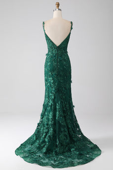 Dark Green Mermaid Spaghetti Straps Long Formal Dress with Appliques