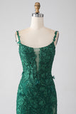 Dark Green Mermaid Spaghetti Straps Long Formal Dress with Appliques