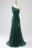 Sparkly Dark Green Beaded Long Mermaid Lace Formal Dress with Slit