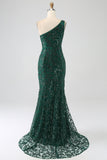 Sparkly Dark Green Beaded Long Mermaid Lace Formal Dress with Slit