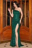 Stunning Mermaid One Shoulder Dark Green Sequins Long Formal Dress with Slit