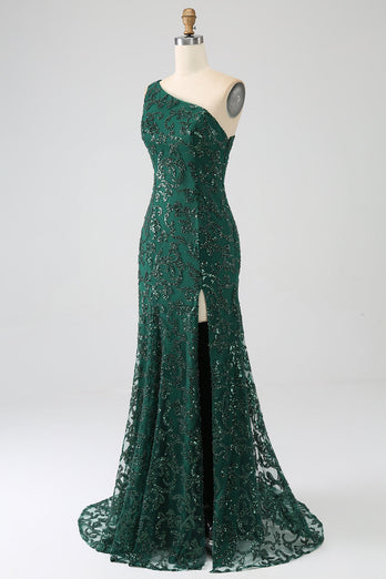 Sparkly Dark Green Beaded Long Mermaid Lace Formal Dress with Slit