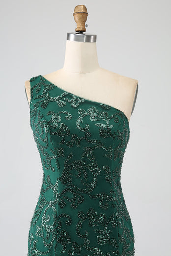 Sparkly Dark Green Beaded Long Mermaid Lace Formal Dress with Slit