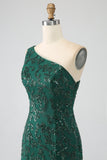 Sparkly Dark Green Beaded Long Mermaid Lace Formal Dress with Slit