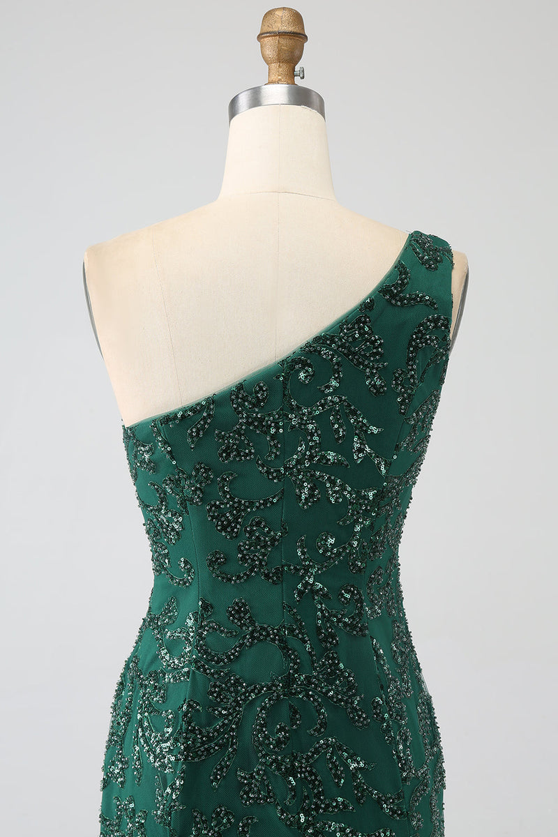 Load image into Gallery viewer, Sparkly Dark Green Beaded Long Mermaid Lace Formal Dress with Slit
