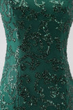 Sparkly Dark Green Beaded Long Mermaid Lace Formal Dress with Slit