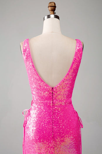Sparkly Hot Pink Mermaid Formal Dress with Slit