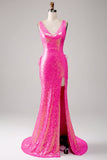 Sparkly Hot Pink Mermaid Formal Dress with Slit