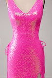 Sparkly Hot Pink Mermaid Formal Dress with Slit