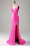 Sparkly Hot Pink Mermaid Formal Dress with Slit