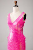 Sparkly Hot Pink Mermaid Formal Dress with Slit