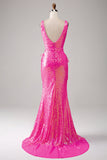 Sparkly Hot Pink Mermaid Formal Dress with Slit