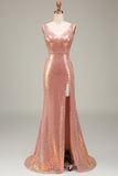 Sparkly Blush Mermaid Formal Dress with Slit