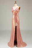 Sparkly Hot Pink Mermaid Formal Dress with Slit