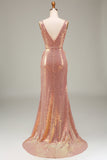 Sparkly Blush Mermaid Formal Dress with Slit