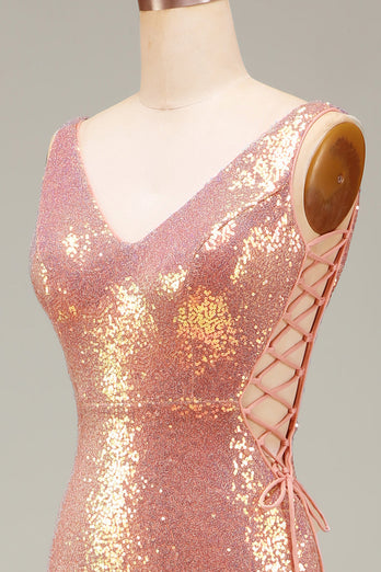Sparkly Hot Pink Mermaid Formal Dress with Slit