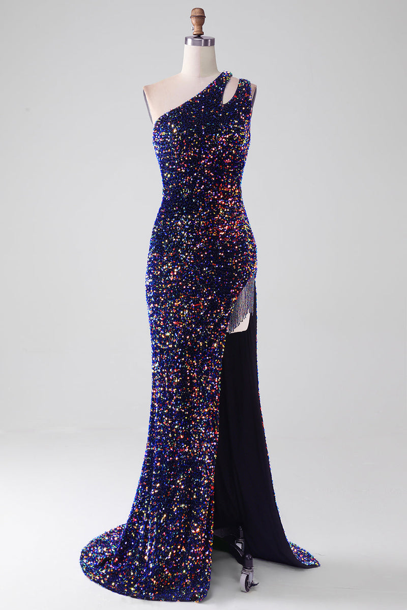 Load image into Gallery viewer, Black Mermaid One Shoulder Sequins Long Formal Dress with Slit