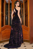 Sparkly Mermaid One Shoulder Black Sequins Long Formal Dress with Slit