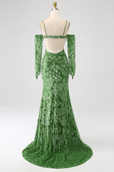 Mermaid Off the Shoulder Olive Printed Long Formal Dress with Split Front