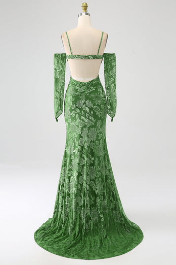 Mermaid Off the Shoulder Olive Printed Long Formal Dress with Split Front