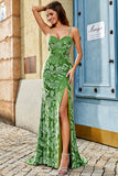 Olive Mermaid Floral Print Spaghetti Straps Long Formal Dress With Slit