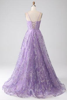 A-Line Spaghetti Straps Lilac Corset Formal Dress with Sequins