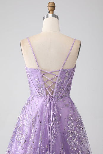A-Line Spaghetti Straps Lilac Corset Formal Dress with Sequins
