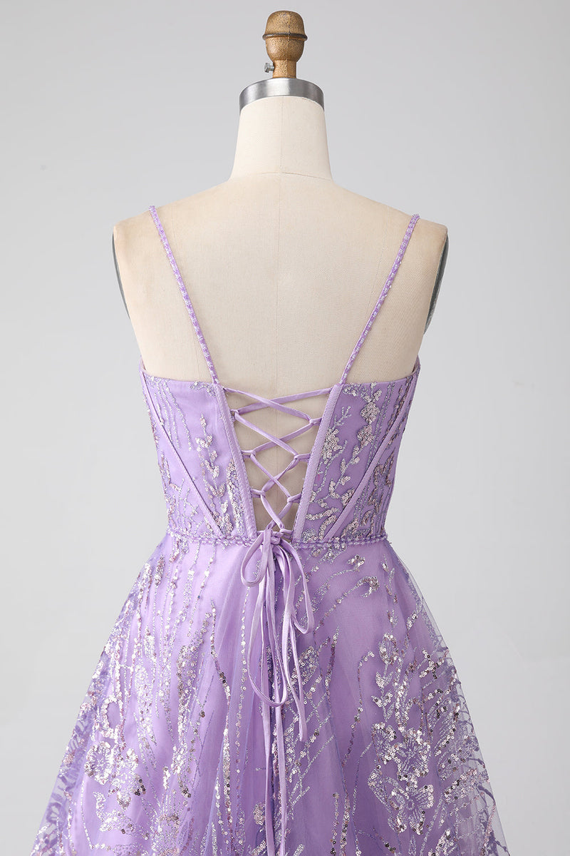 Load image into Gallery viewer, A-Line Spaghetti Straps Lilac Corset Formal Dress with Sequins